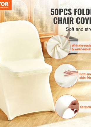 Stretch Spandex Folding Chair Covers, Universal Fitted Chair Cover, Removable Washable Protective Slipcovers, for Wedding, Holiday, Banquet, Party, Celebration, Dining (50PCS Ivory White)