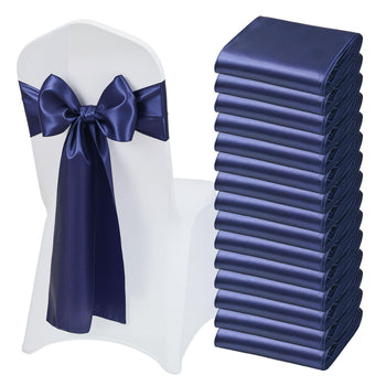 Satin Chair Sashes Bows, 50PCS Chair Ribbon Ties Back Sash, 7 x 108 inch, Navy Blue Wedding Reception Decoration, for Wedding Ceremony Baby Shower Party Events Banquet Chair Cover Decoration
