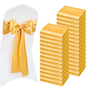 Satin Chair Sashes Bows, 100PCS Chair Ribbon Ties Back Sash, 7 x 108 inch, Gold Wedding Reception Decoration, for Wedding Ceremony Baby Shower Party Events Banquet Chair Cover Decoration