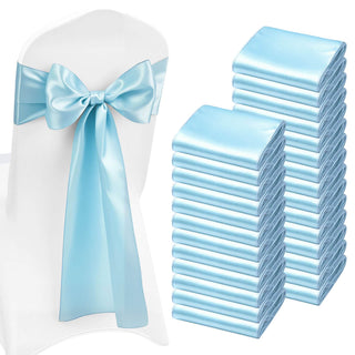 Satin Chair Sashes Bows, 100PCS Chair Ribbon Ties Back Sash, 7 x 108 inch, Light Blue Wedding Reception Decoration, for Wedding Ceremony Baby Shower Party Events Banquet Chair Cover Decoration