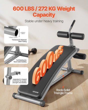 Sit Up Bench, Curved Decline Ab Bench with Reverse Crunch Handle, with 6 Adjustable Height Setting, Heavy Duty Steel, 600 Lbs Capacity for Home Gym Workouts, Strength Training, Full Body Muscles