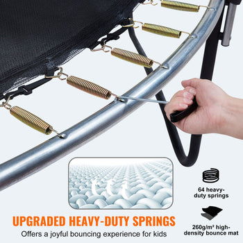 Heavy-duty trampoline springs; 64 durable springs for enhanced safety; black mat with silver frame design.