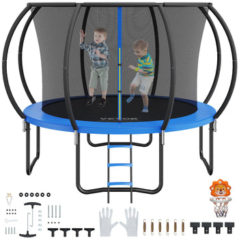 Blue round trampoline with safety enclosure, ladder, and accessories for kids, featuring durable materials and vibrant design.