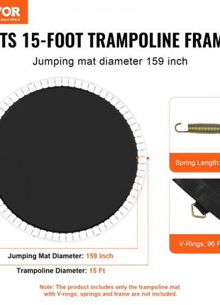 Replacement Trampoline Mat, Jumping Mat Fits 15ft Frame, Universal Jumping Mat for 15ft Round Trampoline, Reinforce UV-Resistant Mat with Spring Tool & Durable V-Rings, Fit 7" Spring Length