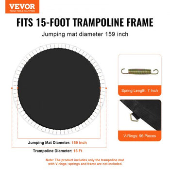 Replacement Trampoline Mat, Jumping Mat Fits 15ft Frame, Universal Jumping Mat for 15ft Round Trampoline, Reinforce UV-Resistant Mat with Spring Tool & Durable V-Rings, Fit 7" Spring Length