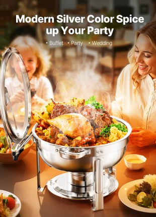 Chafing Dish Buffet Set, 5 Qt 2 Pack, Stainless Steel Chafer with 2 Full Size Pan, Round Catering Warmer Server with Glass Lid Water Pan Folding Stand Fuel Holder, for Wedding Party Banquet, Silver
