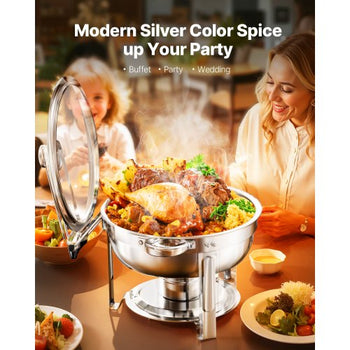 Chafing Dish Buffet Set, 5 Qt 2 Pack, Stainless Steel Chafer with 2 Full Size Pan, Round Catering Warmer Server with Glass Lid Water Pan Folding Stand Fuel Holder, for Wedding Party Banquet, Silver