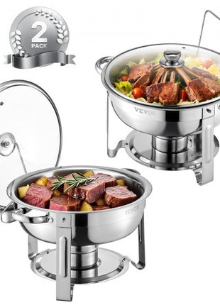 Chafing Dish Buffet Set, 5 Qt 2 Pack, Stainless Steel Chafer with 2 Full Size Pan, Round Catering Warmer Server with Glass Lid Water Pan Folding Stand Fuel Holder, for Wedding Party Banquet, Silver