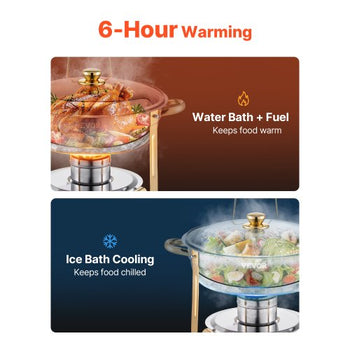 Chafing Dish Buffet Set, 5 Qt 4 Pack, Stainless Steel Chafer with 4 Full Size Pan, Round Catering Warmer Server with Glass Lid Water Pan Folding Stand Fuel Holder, for Wedding Party Banquet, Gold