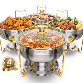Chafing Dish Buffet Set, 5 Qt 4 Pack, Stainless Steel Chafer with 4 Full Size Pan, Round Catering Warmer Server with Glass Lid Water Pan Folding Stand Fuel Holder, for Wedding Party Banquet, Gold