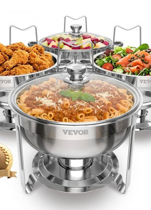 Chafing Dish Buffet Set, 5 Qt 4 Pack, Stainless Steel Chafer with 4 Full Size Pan, Round Catering Warmer Server with Glass Lid Water Pan Folding Stand Fuel Holder, for Wedding Party Banquet