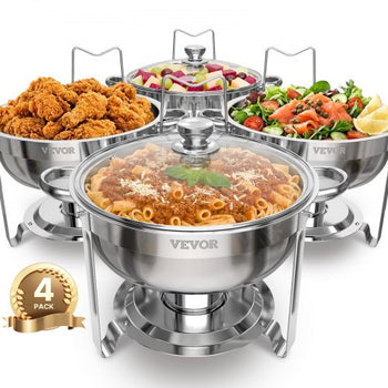 Chafing Dish Buffet Set, 5 Qt 4 Pack, Stainless Steel Chafer with 4 Full Size Pan, Round Catering Warmer Server with Glass Lid Water Pan Folding Stand Fuel Holder, for Wedding Party Banquet