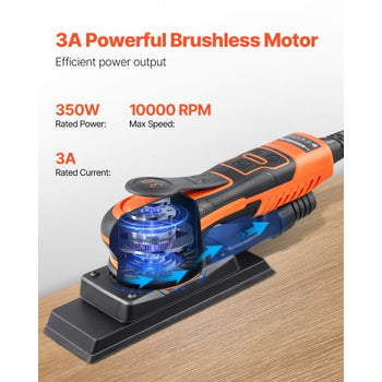 Sheet Sander, 3/8 Sheet 3A EC Brushless Sander, Max. 10000RPM Variable Speed Sheet Finishing Sander with 10PCS Sandpapers and Vacuum Cleaner Adapter for Woodworking