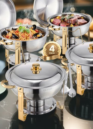 Chafing Dish Buffet Set, 5 Qt 4 Pack, Stainless Steel Chafer with 4 Full Size Pans, Round Catering Warmer Server with Lid Water Pan Folding Stand Clip, for Weddings Parties Banquets, Gold