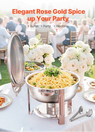 Chafing Dish Buffet Set, 5 Qt 4 Pack, Stainless Steel Chafer with 4 Full Size Pans, Round Catering Warmer Server with Lid Water Pan Folding Stand Clip, for Weddings Parties Banquets, Rose Gold