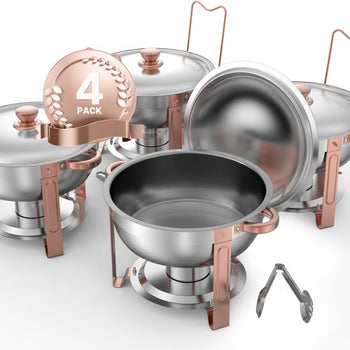Chafing Dish Buffet Set, 5 Qt 4 Pack, Stainless Steel Chafer with 4 Full Size Pans, Round Catering Warmer Server with Lid Water Pan Folding Stand Clip, for Weddings Parties Banquets, Rose Gold