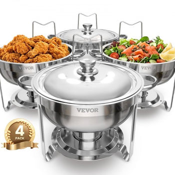 Chafing Dish Buffet Set, 5 Qt 4 Pack, Stainless Steel Chafer with 4 Full Size Pans, Round Catering Warmer Server with Lid Water Pan Folding Stand Clip, for Weddings Parties Banquets, Silver