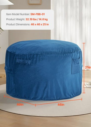 Bean Bag Chair, Round BeanBag Chair with Removable & Washable Cover for Adult, Dutch Velvet & High-Density Foam Filling Adult Bean Bag with Handle and Side Pocket for Living Room, Bedroom, Blue