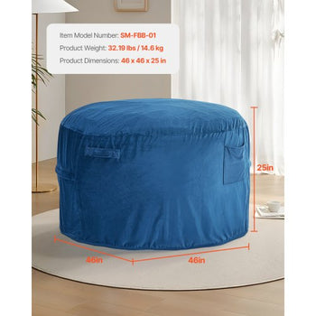 Bean Bag Chair, Round BeanBag Chair with Removable & Washable Cover for Adult, Dutch Velvet & High-Density Foam Filling Adult Bean Bag with Handle and Side Pocket for Living Room, Bedroom, Blue