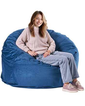 Bean Bag Chair, Round BeanBag Chair with Removable & Washable Cover for Adult, Dutch Velvet & High-Density Foam Filling Adult Bean Bag with Handle and Side Pocket for Living Room, Bedroom, Blue