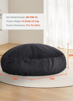 Bean Bag Chair, Giant BeanBag Chair with Removable & Washable Cover for Adult, Dutch Velvet & High-Density Foam Filling Round Bean Bag with Handle and Side Pocket for Living Room Bedroom, Black