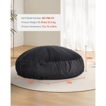 Bean Bag Chair, Giant BeanBag Chair with Removable & Washable Cover for Adult, Dutch Velvet & High-Density Foam Filling Round Bean Bag with Handle and Side Pocket for Living Room Bedroom, Black