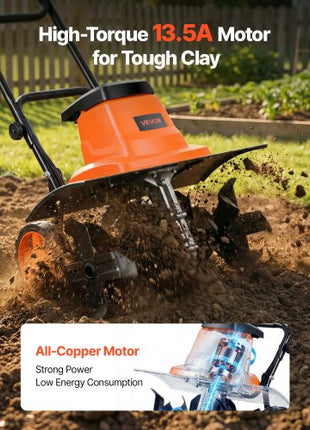 Corded Electric Tiller, 18 Inch Tilling Width Garden Rototiller, 13.5-Amp Motor Heavy-Duty Tilling Machine, Cultivator with Steel Tines and Foldable Handle, for Lawn, Yard, and Gardening Care
