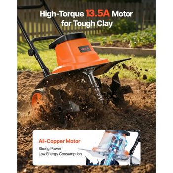 Corded Electric Tiller, 18 Inch Tilling Width Garden Rototiller, 13.5-Amp Motor Heavy-Duty Tilling Machine, Cultivator with Steel Tines and Foldable Handle, for Lawn, Yard, and Gardening Care