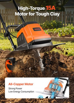 Corded Electric Tiller, 18 Inch Tilling Width Garden Rototiller, 15-Amp Motor Heavy-Duty Tilling Machine, Cultivator with Steel Tines and Foldable Handle, for Lawn, Yard, and Gardening Care