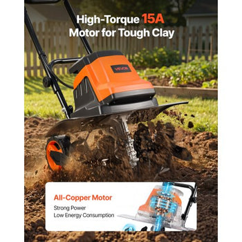 Corded Electric Tiller, 18 Inch Tilling Width Garden Rototiller, 15-Amp Motor Heavy-Duty Tilling Machine, Cultivator with Steel Tines and Foldable Handle, for Lawn, Yard, and Gardening Care