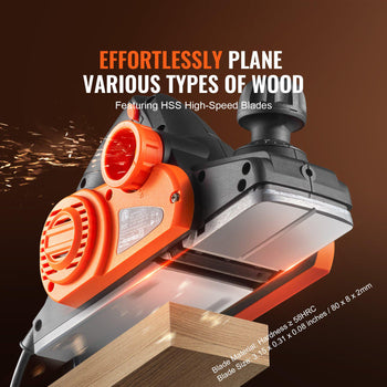 Orange electric wood planer with HSS high-speed blades, 80x3.7x1.08 inches, ideal for effortless wood shaping.