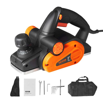 VEVOR electric planer in black and orange, featuring a durable design, adjustable depth settings, and complete accessories.