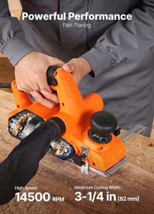 Electric Hand Planer, 3-1/4-Inch Cut Width, 7-Amp 14500 RPM Corded Power Handheld Planer for Wood, with Adjustable Cut Depth, 2 Blades, for Woodworking Wood Chamfer DIY Smooth Finish Carpentry