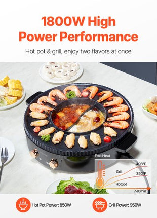 Hot Pot with Grill, 1800W 2-in-1 Electric Smokeless Grill and Hot Pot, Korean BBQ Shabu Shabu Hotpot with Separate Dual Temperature Control, Non-stick Pan, for 2-8 People Family Dining