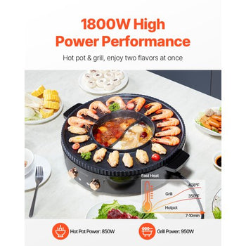 Hot Pot with Grill, 1800W 2-in-1 Electric Smokeless Grill and Hot Pot, Korean BBQ Shabu Shabu Hotpot with Separate Dual Temperature Control, Non-stick Pan, for 2-8 People Family Dining
