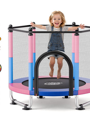 55" Trampoline for Kids, 4.6 FT Toddler Mini Trampoline, 132 lbs Capacity Indoor Outdoor Play Toys with Enclosure Net, Swing, and Basketball Hoop, Christmas Toys Birthday Gifts for Girls Boys