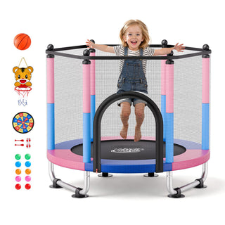 55" Trampoline for Kids, 4.6 FT Toddler Mini Trampoline, 132 lbs Capacity Indoor Outdoor Play Toys with Enclosure Net, Swing, and Basketball Hoop, Christmas Toys Birthday Gifts for Girls Boys