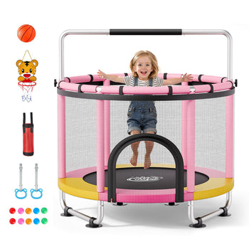 60" Trampoline for Kids, 5 FT Toddler Mini Trampoline, 132 lbs Indoor Outdoor Play Toys with Enclosure Net and Adjustable Gymnastics Bar, Christmas Toys Birthday Gifts for Girls Boys