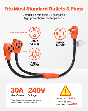 Y Splitter Adapter, 30 Amp, 4 Prong Outlet 240 Volt Dryer to EV Charger Adapter, NEMA 14-30P to 14-30R/14-50R, with Grip Handle, Heavy Duty 10 AWG STW Wire, for EV Charger Dryer RV