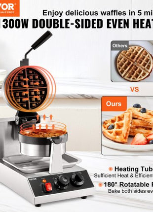 Commercial Waffle Maker, 1 Piece per Batch, 1300W Round Waffle Iron, Non-Stick Waffle Baker Machine with 122-572? / 50-300? Temp Range Teflon-Coated Baking Pans Stainless Steel Body, 120V