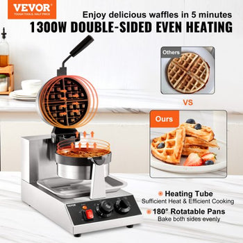 Commercial Waffle Maker, 1 Piece per Batch, 1300W Round Waffle Iron, Non-Stick Waffle Baker Machine with 122-572? / 50-300? Temp Range Teflon-Coated Baking Pans Stainless Steel Body, 120V
