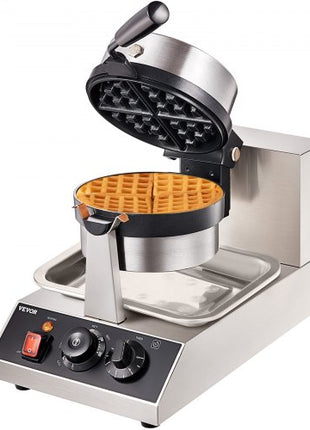 Commercial Waffle Maker, 1 Piece per Batch, 1300W Round Waffle Iron, Non-Stick Waffle Baker Machine with 122-572? / 50-300? Temp Range Teflon-Coated Baking Pans Stainless Steel Body, 120V