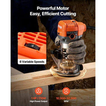 Wood Router, 1 HP 710W, Variable Speed Palm Router Tool with 1/4 in Collet, Compact Edge Wood Trimmer with Fixed, Plunge & Tilt Base, Soft Start, for Woodworking, Trimming, DIY Projects, Corded