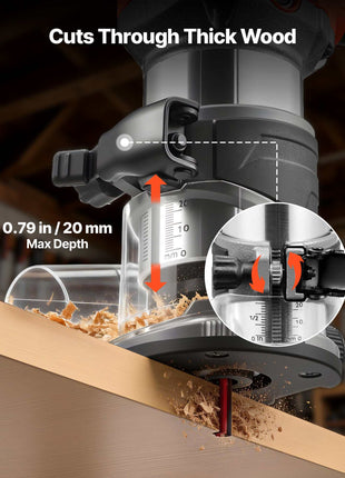Wood Router, 1 HP 710W, Variable Speed Palm Router Tool with Soft Start, Compact Wood Edge Trimmer with Fixed Base & 1/4-Inch Collet, Dust Hood, for Woodworking, Trimming, DIY Projects, Corded