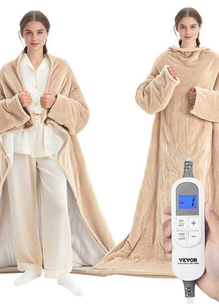 Wearable Electric Heated Throw Blanket with Foot Pocket & Sleeves, Portable Robe Snuggie Blankets for Women, 10 Heating Levels, 12H Auto Shut-Off, Machine Washable, 50 x 70 inch, Beige