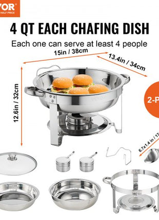 Chafing Dish Buffet Set, 4 Qt 2 Pack, Stainless Steel Chafer with 2 Full Size Pans, Round Catering Warmer Server with Vented Glass Lid Water Pan Stand Fuel Holder Hook Spoon, at Least 4 People E