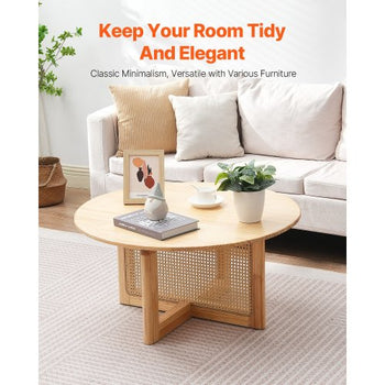 Rattan Coffee Table, Round Rattan Woven Wood Coffee Table with Rubber Wood Top, 33 in Modern Boho Circular Storage Coffee Table with Natural Wood Legs, for Living Room, Bedroom & Small Spaces