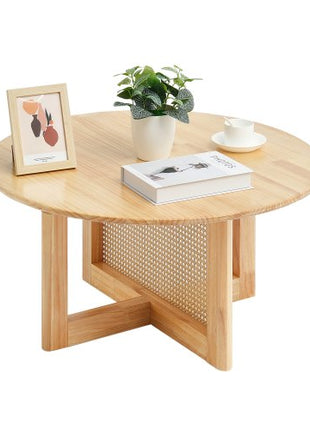 Rattan Coffee Table, Round Rattan Woven Wood Coffee Table with Rubber Wood Top, 33 in Modern Boho Circular Storage Coffee Table with Natural Wood Legs, for Living Room, Bedroom & Small Spaces
