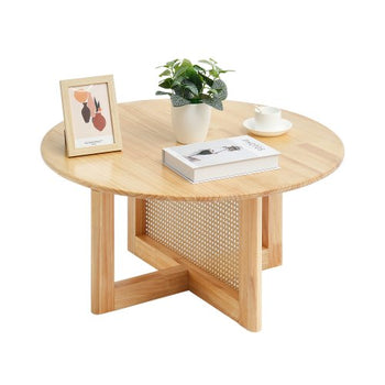 Rattan Coffee Table, Round Rattan Woven Wood Coffee Table with Rubber Wood Top, 33 in Modern Boho Circular Storage Coffee Table with Natural Wood Legs, for Living Room, Bedroom & Small Spaces
