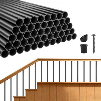 125 Pack Deck Balusters, 26 in Aluminum Railing Spindles, 3/4 in Diameter Hollow Round Metal Decking Stair Balusters with Connectors, Screws, for Deck, Porch & Staircase Railing Fence, Black